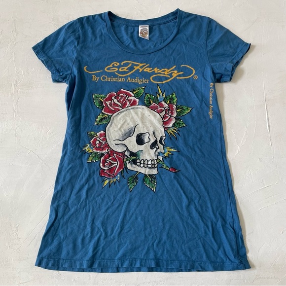 Ed Hardy Skull Rose Blue Tee Rhinestone by Christian Audigier Size M - Picture 1 of 11
